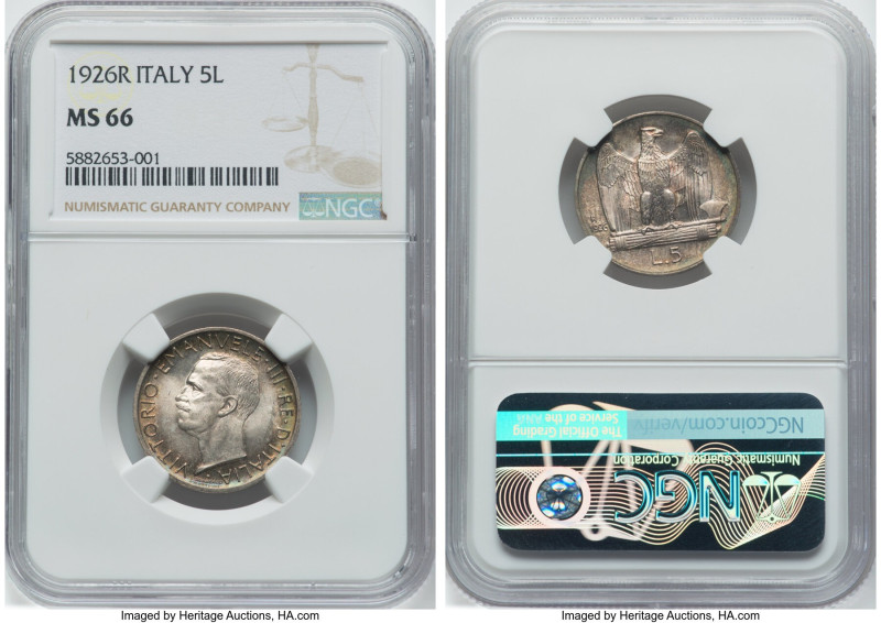 Vittorio Emanuele III 5 Lire 1926-R MS66 NGC, Rome mint, KM67.1. Less than 55 on...