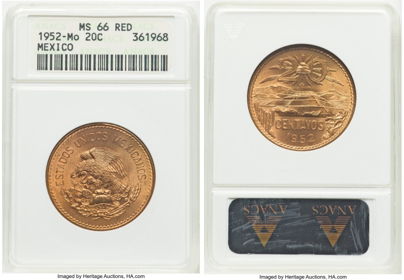 Estados Unidos 20 Centavos 1952-Mo MS66 Red ANACS, Mexico city mint, KM439. A Ge...