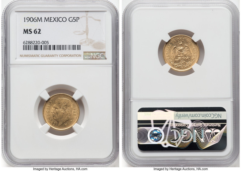 Estados Unidos gold 5 Pesos 1906 MS62 NGC, Mexico City mint, KM464. HID098012420...