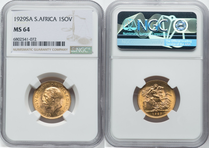 George V gold Sovereign 1929-SA MS64 NGC, Pretoria mint, KM-A22. S-4005. A popul...