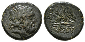 PONTOS. Amisos. Ae (Circa 100-85 BC).
Obv: Laureate head of Zeus right.
Rev: AMIΣOV.
Eagle, with head right, standing left on thunderbolt; monogram to...