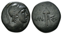 PONTOS. Amisos. Ae (Circa 111-105 or 95-90 BC). Struck under Mithradates VI Eupator.
Obv: Helmeted head of Ares right.
Rev: AMI - ΣOV.
Sword in sheath...