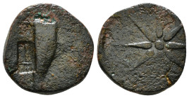 PONTOS. Uncertain (possibly Amisos). Ae (130-100 BC).
Obv: Quiver; c/m: lion head roaring within round incuse.
Rev: Eight-pointed star; bow to one sid...