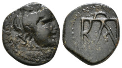 KINGS OF BOSPOROS. Polemo I (Circa 37-8 BC). Ae. Pantikapaion.
Obv: Winged head of Medusa right; 2 c/ms: head of eagle right and dolphin within incuse...