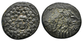 PONTOS. Amisos. Ae (Circa 85-65 BC). Time of Mithradates VI Eupator.
Obv: Aegis facing.
Rev: AMIΣOY.
Nike advancing right with shouldered palm branch;...