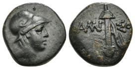 PONTOS. Amisos. Ae (Circa 111-105 or 95-90 BC). Struck under Mithradates VI Eupator.
Obv: Helmeted head of Ares right.
Rev: AMI - ΣOV.
Sword in sheath...