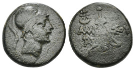 PONTOS. Amisos. Ae (Circa 111-105 or 95-90 BC). Struck under Mithradates VI Eupator.
Obv: Helmeted head of Ares right.
Rev: AMI - ΣOV.
Sword in sheath...