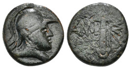 PONTOS. Amisos. Ae (Circa 111-105 or 95-90 BC). Struck under Mithradates VI Eupator.
Obv: Helmeted head of Ares right.
Rev: AMI - ΣOV.
Sword in sheath...