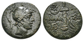 PONTOS. Amisos. Ae (Circa 111-105 or 95-90 BC). Struck under Mithradates VI Eupator.
Obv: Helmeted head of Ares right.
Rev: AMI - ΣOV.
Sword in sheath...