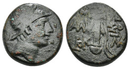 PONTOS. Amisos. Ae (Circa 111-105 or 95-90 BC). Struck under Mithradates VI Eupator.
Obv: Helmeted head of Ares right.
Rev: AMI - ΣOV.
Sword in sheath...