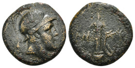 PONTOS. Amisos. Ae (Circa 111-105 or 95-90 BC). Struck under Mithradates VI Eupator.
Obv: Helmeted head of Ares right.
Rev: AMI - ΣOV.
Sword in sheath...