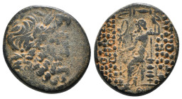 SELEUCIS & PIERIA. Antioch. Ae Tetrachalkon (63-28 BC).
Obv: Laureate head of Zeus right; c/m: Head of Apollo or Cleopatra(?) right within round incus...