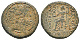 SELEUCIS & PIERIA. Antioch. Ae Tetrachalkon (63-28 BC).
Obv: Laureate head of Zeus right; c/m: Head of Apollo or Cleopatra(?) right within round incus...