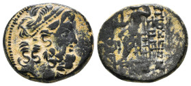 SELEUCIS & PIERIA. Antioch. Ae Tetrachalkon (63-28 BC).
Obv: Laureate head of Zeus right; c/m: Head of Apollo or Cleopatra(?) right within round incus...