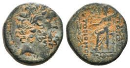 SELEUCIS & PIERIA. Antioch. Ae Tetrachalkon (63-28 BC).
Obv: Laureate head of Zeus right; c/m: Head of Apollo or Cleopatra(?) right within round incus...