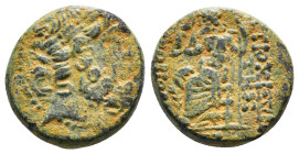 SELEUCIS & PIERIA. Antioch. Ae Tetrachalkon (63-28 BC).
Obv: Laureate head of Zeus right; c/m: Head of Apollo or Cleopatra(?) right within round incus...