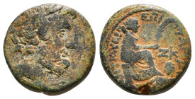 SELEUCIS & PIERIA. Antioch. Ae Tetrachalkon (63-28 BC).
Obv: Laureate head of Zeus right; c/m: Head of Apollo or Cleopatra(?) right within round incus...