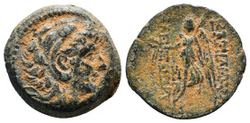 SELEUKID KINGDOM. Alexander II Zabinas (128-122 BC). Ae. Antioch.
Obv: Head right, wearing lion skin.
Rev: BAΣIΛEΩΣ AΛΕΞΑΝΔΡΟΥ.
Nike advancing left, h...