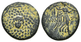 PONTOS. Amisos. Ae (Circa 85-65 BC). Time of Mithradates VI Eupator.
Obv: Aegis facing.
Rev: AMIΣOY.
Nike advancing right with shouldered palm branch;...