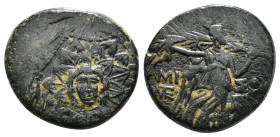 PONTOS. Amisos. Ae (Circa 85-65 BC). Time of Mithradates VI Eupator.
Obv: Aegis facing.
Rev: AMIΣOY.
Nike advancing right with shouldered palm branch;...