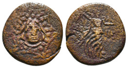 PONTOS. Amisos. Ae (Circa 85-65 BC). Time of Mithradates VI Eupator.
Obv: Aegis facing.
Rev: AMIΣOY.
Nike advancing right with shouldered palm branch;...