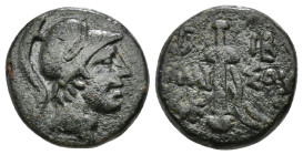 PONTOS. Amisos. Ae (Circa 111-105 or 95-90 BC). Struck under Mithradates VI Eupator.
Obv: Helmeted head of Ares right.
Rev: AMI - ΣOV.
Sword in sheath...