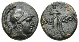 PONTOS. Amisos. Ae (Circa 111-105 or 95-90 BC). Struck under Mithradates VI Eupator.
Obv: Helmeted head of Ares right.
Rev: AMI - ΣOV.
Sword in sheath...