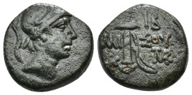 PONTOS. Amisos. Ae (Circa 111-105 or 95-90 BC). Struck under Mithradates VI Eupator.
Obv: Helmeted head of Ares right.
Rev: AMI - ΣOV.
Sword in sheath...