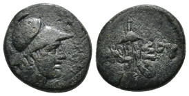 PONTOS. Amisos. Ae (Circa 111-105 or 95-90 BC). Struck under Mithradates VI Eupator.
Obv: Helmeted head of Ares right.
Rev: AMI - ΣOV.
Sword in sheath...