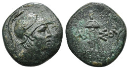 PONTOS. Amisos. Ae (Circa 111-105 or 95-90 BC). Struck under Mithradates VI Eupator.
Obv: Helmeted head of Ares right.
Rev: AMI - ΣOV.
Sword in sheath...