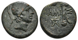 PONTOS. Amisos. Ae (Circa 111-105 or 95-90 BC). Struck under Mithradates VI Eupator.
Obv: Helmeted head of Ares right.
Rev: AMI - ΣOV.
Sword in sheath...