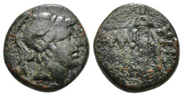 PONTOS. Amisos. Ae (Circa 111-105 or 95-90 BC). Struck under Mithradates VI Eupator.
Obv: Helmeted head of Ares right.
Rev: AMI - ΣOV.
Sword in sheath...