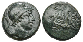 PONTOS. Amisos. Ae (Circa 111-105 or 95-90 BC). Struck under Mithradates VI Eupator.
Obv: Helmeted head of Ares right.
Rev: AMI - ΣOV.
Sword in sheath...