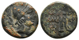 PONTOS. Amisos. Ae (Circa 111-105 or 95-90 BC). Struck under Mithradates VI Eupator.
Obv: Helmeted head of Ares right.
Rev: AMI - ΣOV.
Sword in sheath...