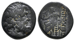 SELEUCIS & PIERIA. Antioch. Ae Tetrachalkon (63-28 BC). 
Obv: Laureate head of Zeus right.
Rev: ANTIOXEΩN THΣ MHTPOΠOΛEΩΣ.
Zeus seated left on throne,...