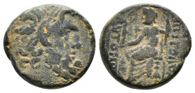 SELEUCIS & PIERIA. Antioch. Ae Tetrachalkon (63-28 BC). 
Obv: Laureate head of Zeus right.
Rev: ANTIOXEΩN THΣ MHTPOΠOΛEΩΣ.
Zeus seated left on throne,...