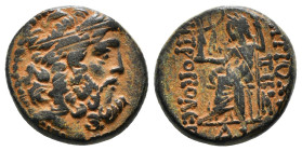 SELEUCIS & PIERIA. Antioch. Ae Tetrachalkon (63-28 BC). 
Obv: Laureate head of Zeus right.
Rev: ANTIOXEΩN THΣ MHTPOΠOΛEΩΣ.
Zeus seated left on throne,...