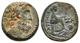 SELEUCIS & PIERIA. Antioch. Augustus (27 BC-AD 14). Ae.
Obv: Laureate head of Zeus right; palm branch to left.
Rev: ΑΝΤΙΟΧΕΩΝ ΕΠΙ ΟΥΑΡΟΥ .
Tyche seate...