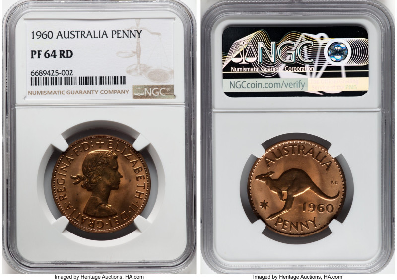 Elizabeth II Proof Penny 1960-P PR64 Red NGC, Perth mint, KM56. One dot after "P...