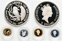 Elizabeth II 3-Piece gold, silver, & platinum 5 Dollars Proof Set 1990 UNC, 1) gold "Nugget" 5 Dollars (1/20 oz) 2) silver "Kookaburra" 5 Dollars (1 o...