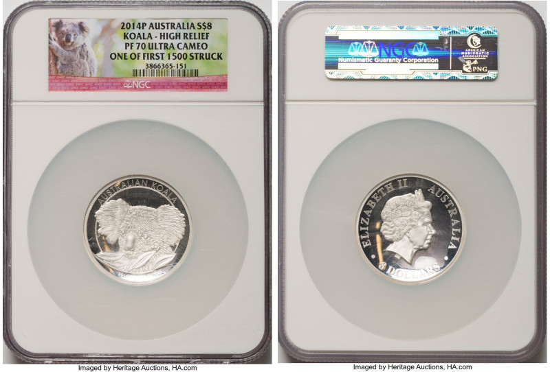 Elizabeth II silver High Relief Proof "Koala" 8 Dollars (5 oz) 2014-P PR70 Ultra...
