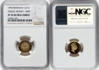 Elizabeth II gold Proof "Galleon Ship - Hogge Money" 10 Dollars 1990 PR70 Ultra Cameo NGC, KM74. Hogge Money series. Mintage: 500. Struck to commemora...