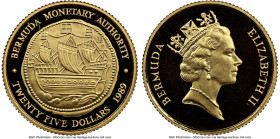 Elizabeth II gold Proof "Galleon Ship - Hogge Money" 25 Dollars 1989 PR69 Ultra Cameo NGC, KM58. Hogge Money series. Mintage: 500. Struck to commemora...
