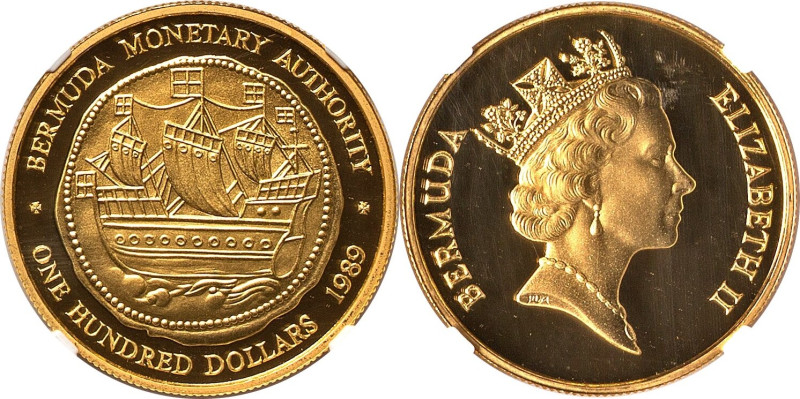 Elizabeth II gold Proof "Galleon Ship - Hogge Money" 100 Dollars 1989 PR69 Ultra...