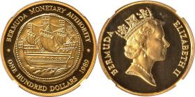 Elizabeth II gold Proof "Galleon Ship - Hogge Money" 100 Dollars 1989 PR69 Ultra Cameo NGC, KM60. Hogge Money series. Mintage: 500. Accompanied by ori...