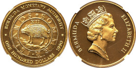 Elizabeth II gold Proof "Wild Pig - Hogge Money" 100 Dollars 1990 PR69 Ultra Cameo NGC, Royal mint, KM77. Hogge Money. Mintage: 500. Accompanied by or...