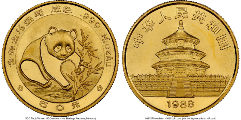 People's Republic gold "Panda" 50 Yuan (1/2 oz) 1988 MS68 NGC, Shanghai and Shen...