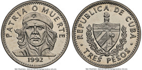Republic Proof "Ernesto Che Guevara" 3 Pesos 1992 PR67 Cameo NGC, Kremnica mint, KM346. Commemorating Ernesto Che Guevara. Mintage: 500. HID0980124201...
