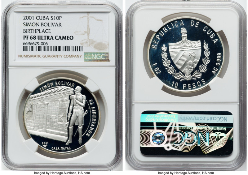 Republic silver Proof "Birthplace of Simon Bolivar" 10 Pesos 2001 PR68 Ultra Cam...