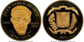 Republic gold Proof "Juan Pablo Duarte" 200 Pesos 1977 PR67 Ultra Cameo NGC, KM47. Commemorating the centennial of the death of Juan Pablo Duarte. Acc...